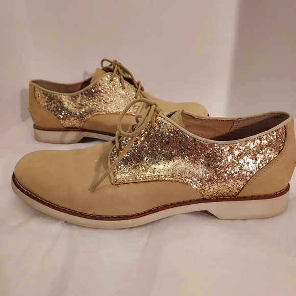 Sperry Top-Sider Beige and Gold Sequin Glitter Lace Up Oxford Shoes in Size 8.5M - Picture 5 of 11